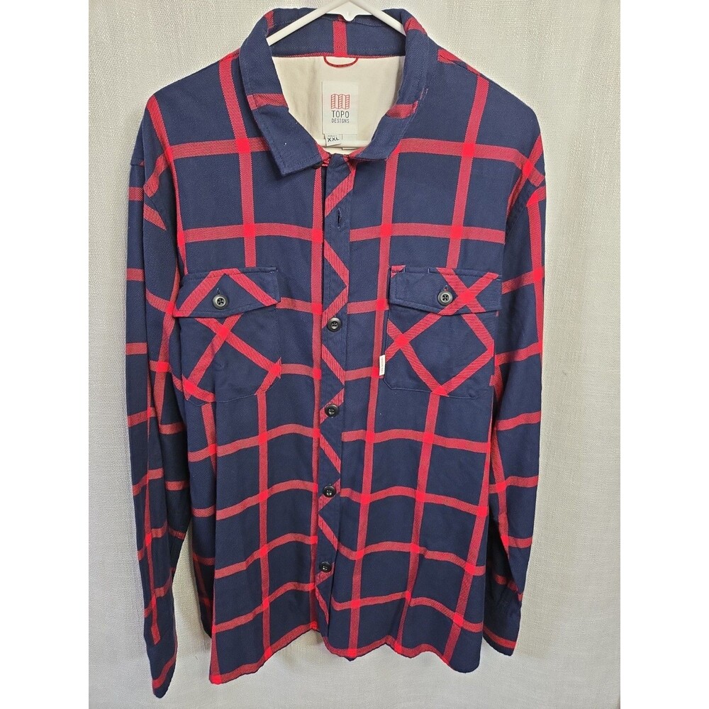 Topo Designs Mens XXL Blue Red Plaid Flannel Button Up Shirt Loop Collar